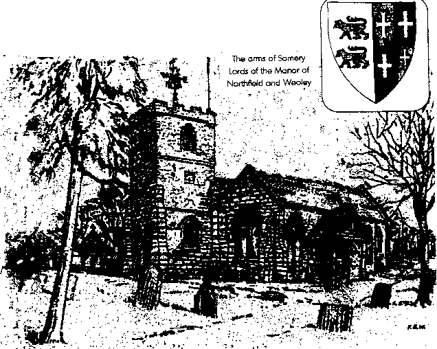 The Church of St. Lawrence in Northfield and the coat of arms of Ralph de Somery