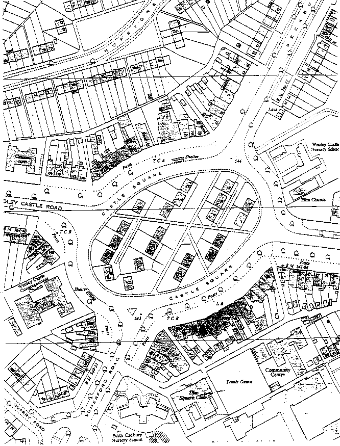 Ordnance Survey map of 1964 showing pre-fabs on Castle Square